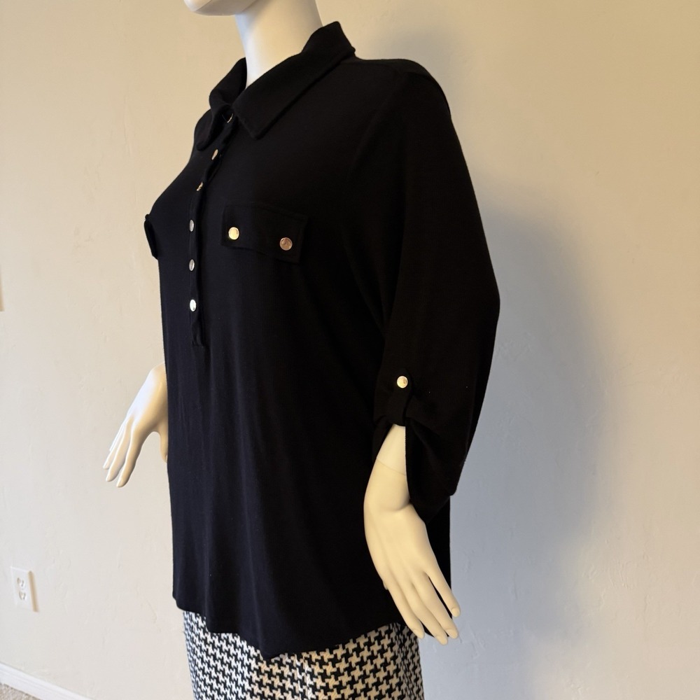 Carmen Marc Valvo Women's Knit‎ Button Blouse Black Collared Plus Size 2X - Picture 3 of 15